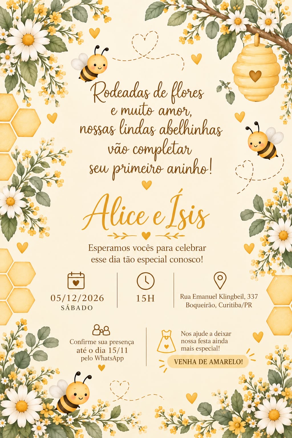 Arte do convite com abelhinhas, flores, colmeias e o nome de Alice e Ísis
